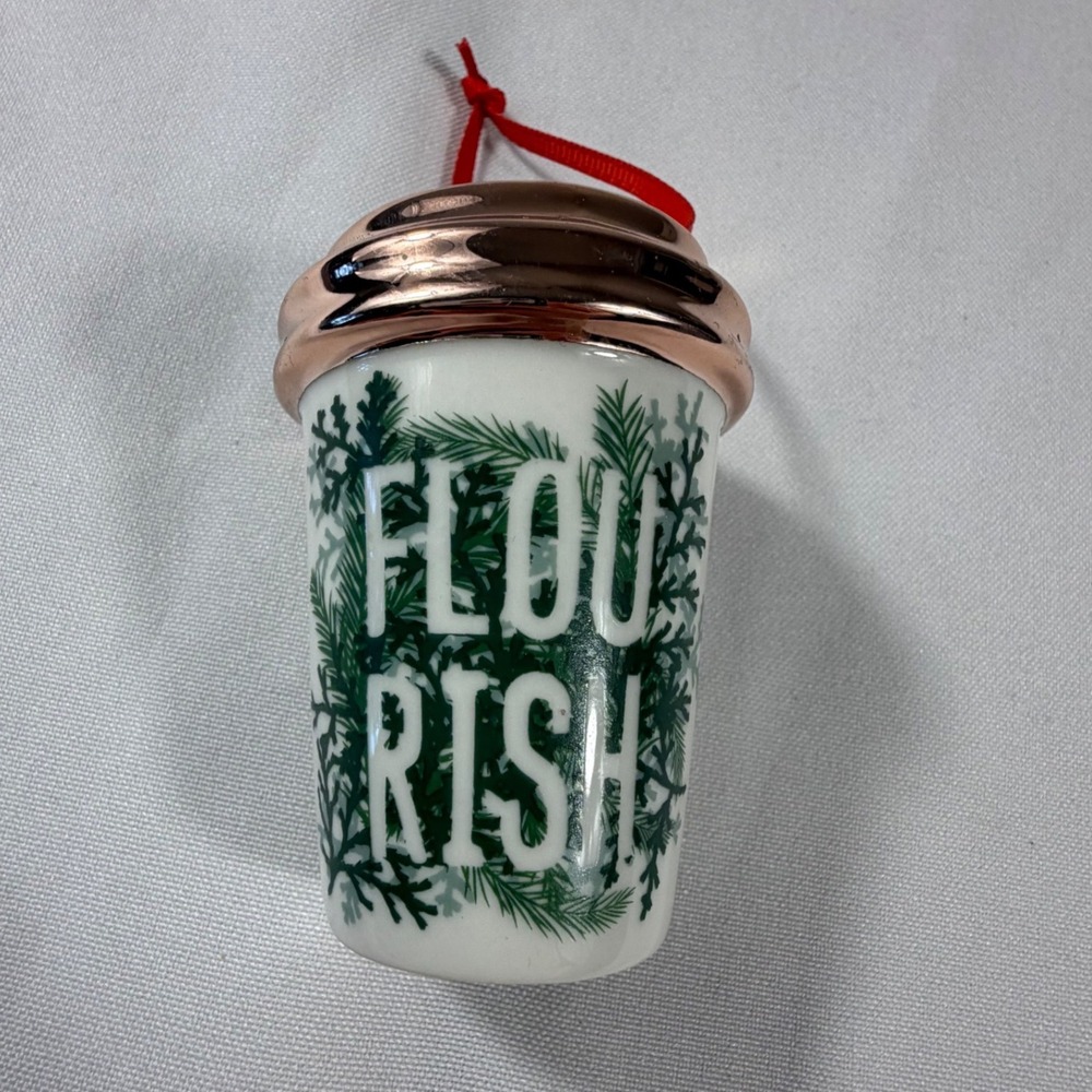 Starbucks 2017 Flourish Pine Ceramic Coffee Cup Christmas Ornament Rose Gold Lid